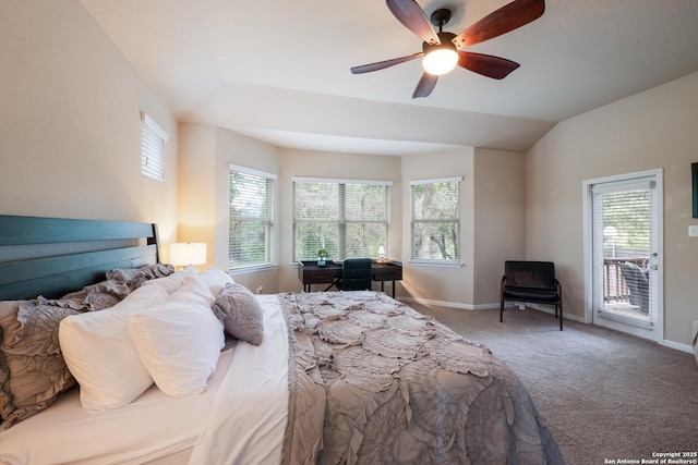 bedroom with carpet, ceiling fan, access to outside, and baseboards