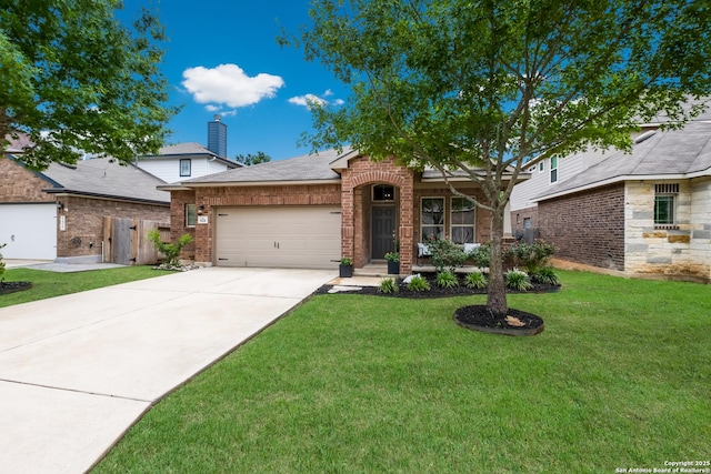 view of front of home featuring brick siding, fence, a front yard, concrete driveway, and an attached garage