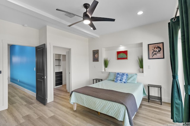 bedroom with baseboards, visible vents, light wood-style flooring, and recessed lighting