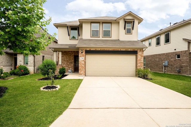 traditional home featuring brick siding, driveway, roof with shingles, a front yard, and an attached garage