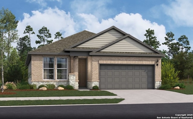 ranch-style home with a garage, concrete driveway, brick siding, a shingled roof, and stone siding