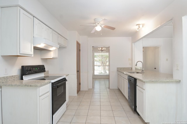 122 Silver Sands, San Antonio, TX 78216 - kitchen featuring range with electric cooktop, black dishwasher, under cabinet range hood, ceiling fan with notable chandelier, and a sink
