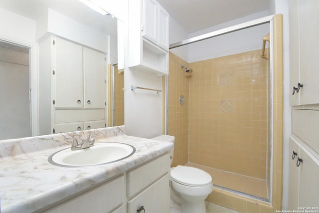 full bathroom with toilet, vanity, and a shower stall