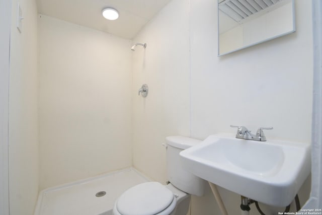 full bathroom with toilet, a stall shower, and a sink