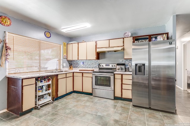 6835 Spring Hurst, San Antonio, TX 78249 - kitchen featuring a sink, under cabinet range hood, stainless steel appliances, tasteful backsplash, and light countertops