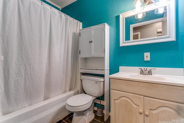 6835 Spring Hurst, San Antonio, TX 78249 - full bath with toilet, vanity, shower / bath combination with curtain, and ornamental molding