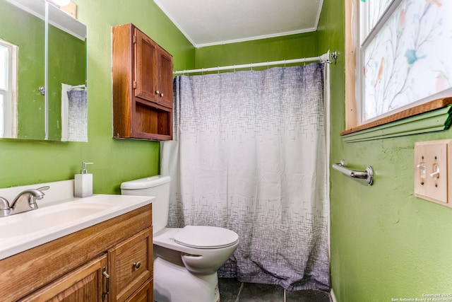 6835 Spring Hurst, San Antonio, TX 78249 - bathroom featuring a shower with shower curtain, toilet, and vanity