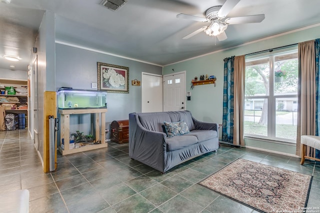 6835 Spring Hurst, San Antonio, TX 78249 - living area featuring crown molding, visible vents, ceiling fan, and a wealth of natural light