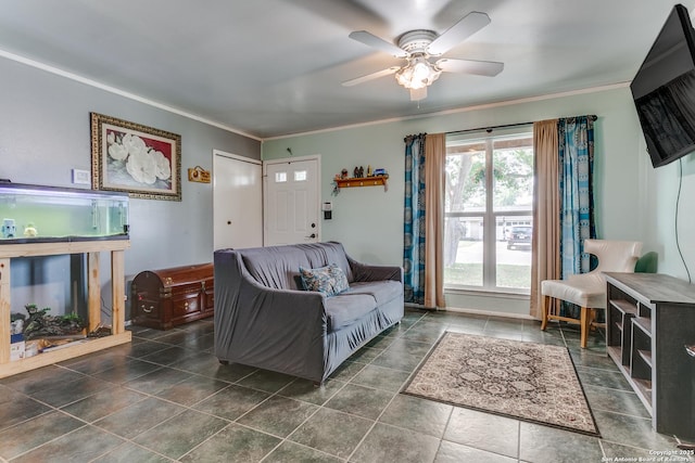 6835 Spring Hurst, San Antonio, TX 78249 - living area with ceiling fan and crown molding