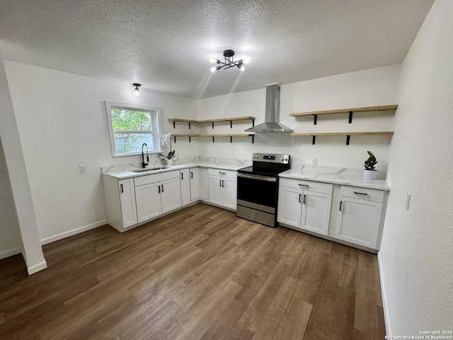 629 Melrose, Seguin, TX 78155 - kitchen featuring wall chimney range hood, a sink, open shelves, and stainless steel electric range
