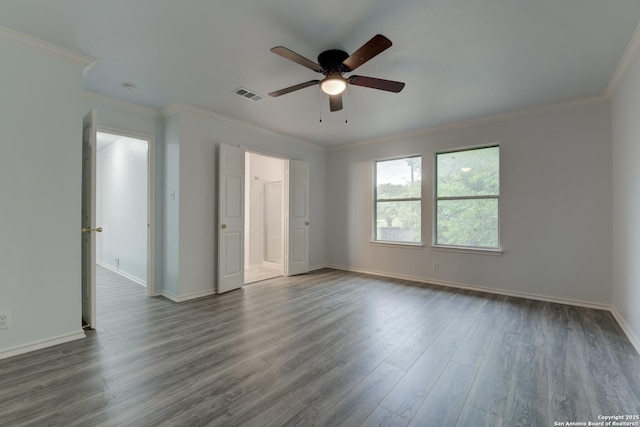 6015 Wexford Pl, San Antonio, TX 78240 - unfurnished bedroom with ceiling fan, crown molding, visible vents, baseboards, and dark wood finished floors