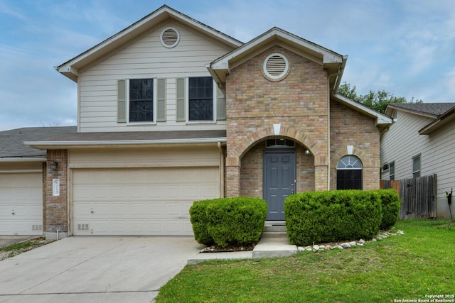 6015 Wexford Pl, San Antonio, TX 78240 - traditional-style house with driveway, fence, an attached garage, and brick siding