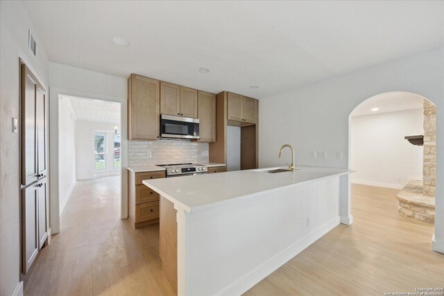 kitchen featuring arched walkways, a sink, light wood-style flooring, and stainless steel appliances