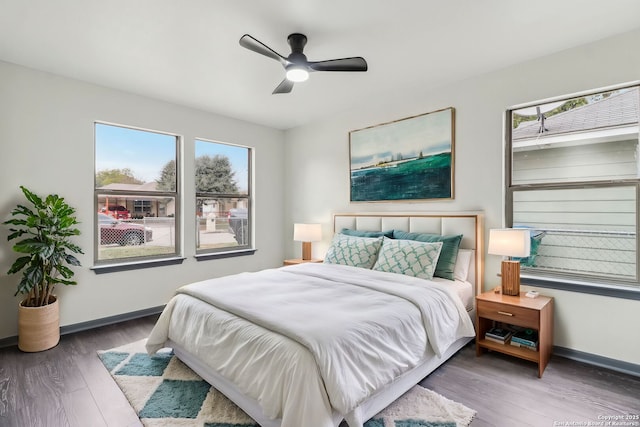 bedroom with wood finished floors, baseboards, and multiple windows