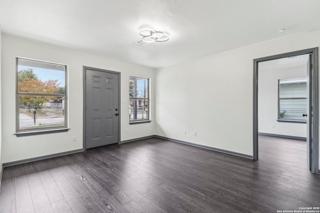 foyer featuring baseboards, a wealth of natural light, and dark wood-type flooring