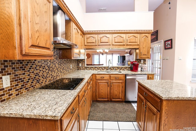 kitchen with tasteful backsplash, stainless steel dishwasher, wall chimney range hood, black electric cooktop, and a sink