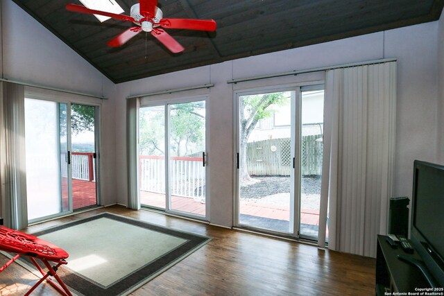 entryway featuring ceiling fan, vaulted ceiling, wood finished floors, and a healthy amount of sunlight