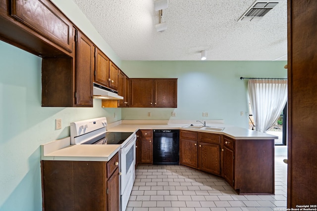 kitchen featuring a sink, visible vents, under cabinet range hood, white electric stove, and black dishwasher