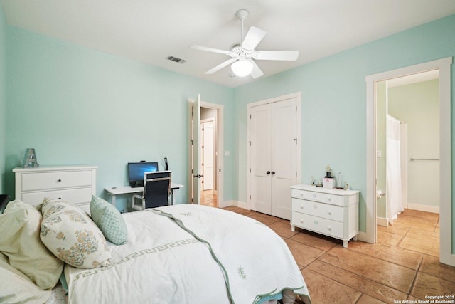 bedroom featuring a closet, visible vents, a ceiling fan, and baseboards