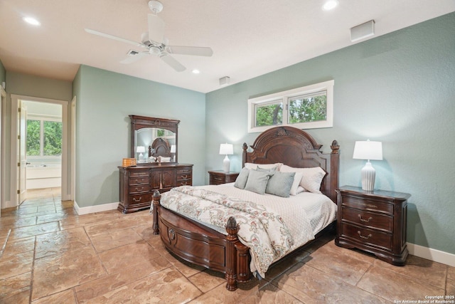 bedroom with baseboards, recessed lighting, and multiple windows