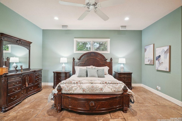 bedroom featuring recessed lighting, a ceiling fan, and baseboards