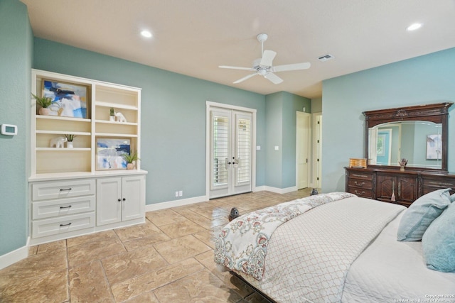 bedroom featuring visible vents, access to exterior, baseboards, recessed lighting, and french doors