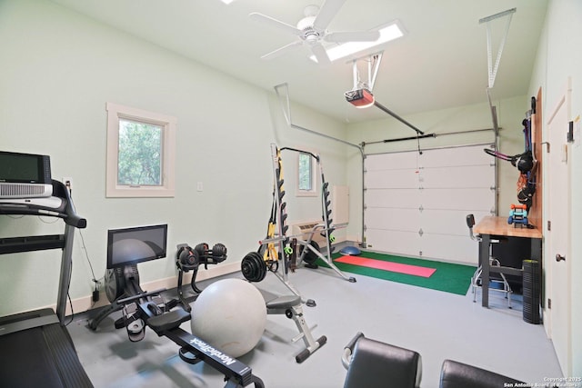 exercise area featuring a ceiling fan