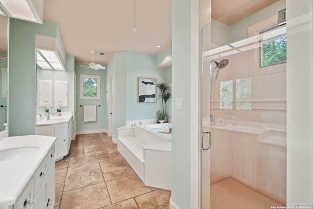 bathroom featuring a wealth of natural light, a shower stall, and a sink
