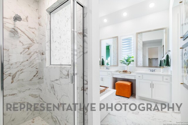 bathroom with recessed lighting, a marble finish shower, marble finish floor, and vanity
