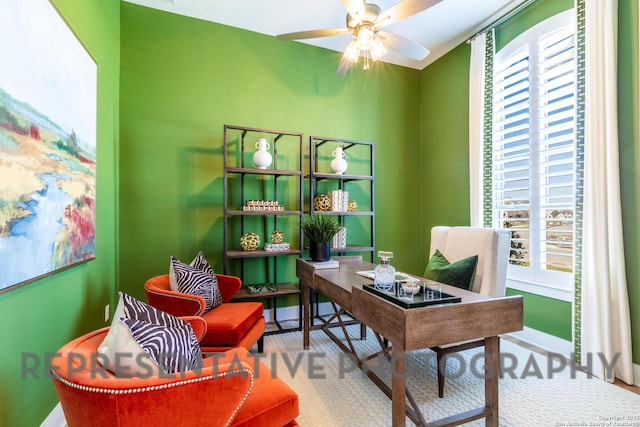 office with baseboards and a ceiling fan
