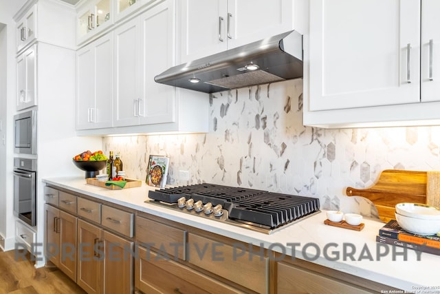 kitchen with tasteful backsplash, appliances with stainless steel finishes, under cabinet range hood, and light countertops