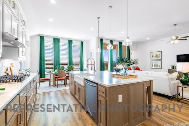 kitchen featuring a sink, stainless steel appliances, under cabinet range hood, light countertops, and wood finished floors