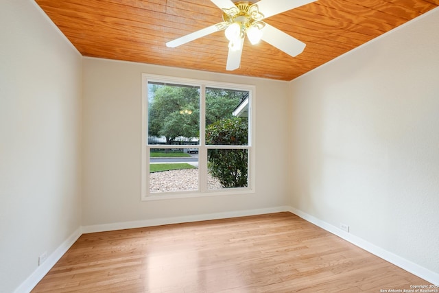 unfurnished room with wood finished floors, ceiling fan, and wooden ceiling