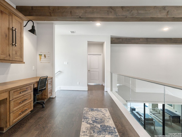 office area featuring recessed lighting, dark wood-style flooring, beam ceiling, and visible vents