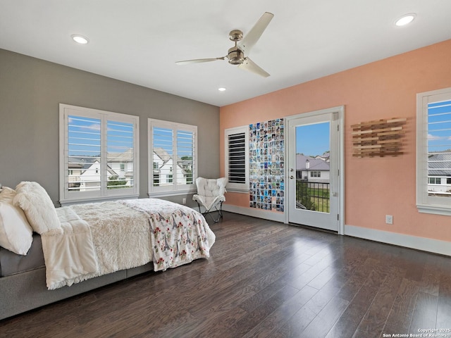 bedroom featuring dark wood-type flooring, ceiling fan, recessed lighting, and access to outside