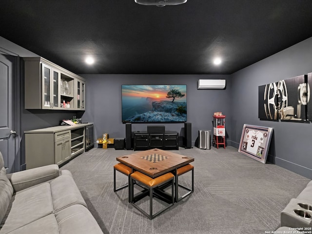 carpeted home theater room featuring baseboards, a wall mounted air conditioner, and recessed lighting