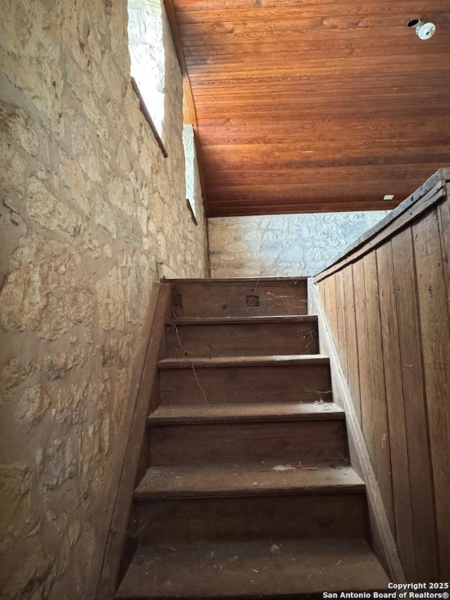 stairway with wood ceiling