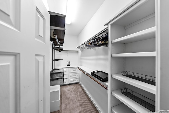 walk in closet with dark carpet