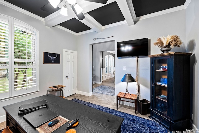 office with wood finished floors, a ceiling fan, beamed ceiling, and crown molding