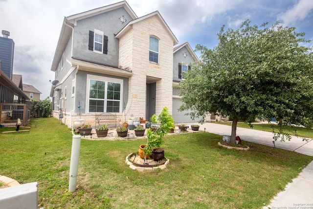 8701 Stackstone, Schertz, TX 78154 - traditional home featuring a front yard, driveway, stone siding, and stucco siding