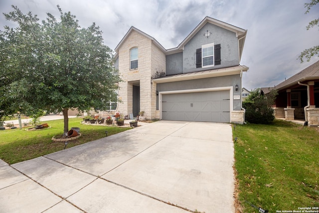 8701 Stackstone, Schertz, TX 78154 - traditional-style house with a standing seam roof, concrete driveway, a front yard, and an attached garage