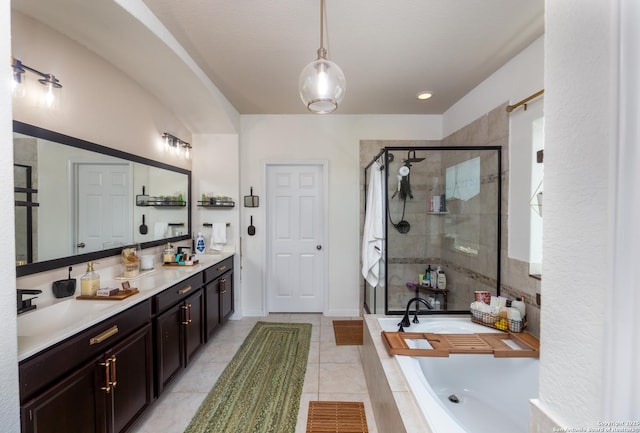 8701 Stackstone, Schertz, TX 78154 - full bath with a bath, a stall shower, double vanity, baseboards, and tile patterned flooring