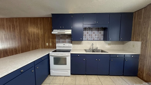 17 Fm 473, Comfort, TX 78013 - kitchen with a sink, wood walls, light countertops, under cabinet range hood, and white range with electric cooktop