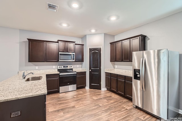 kitchen with dark brown cabinetry, visible vents, appliances with stainless steel finishes, and a sink