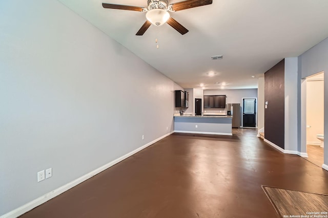 unfurnished living room featuring concrete floors, a ceiling fan, visible vents, and baseboards