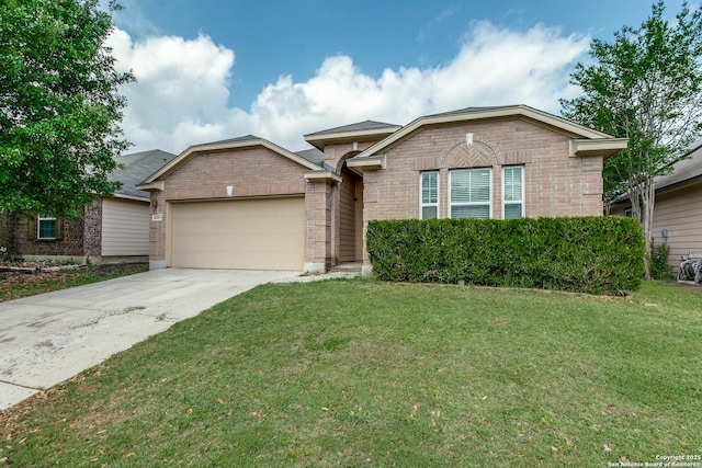 8355 Lazy Pebble, San Antonio, TX 78254 - ranch-style home featuring a garage, brick siding, a front yard, and concrete driveway