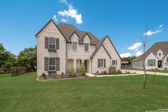 french country inspired facade featuring fence, a front yard, and brick siding