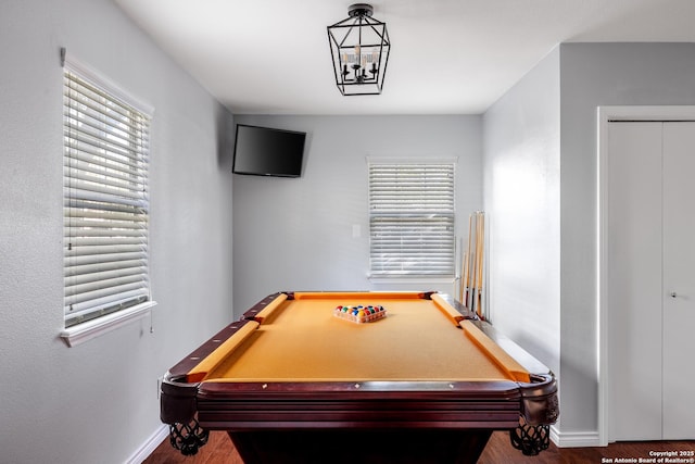 game room with wood finished floors, billiards, and baseboards