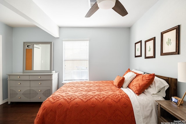 bedroom featuring dark wood-style floors and ceiling fan