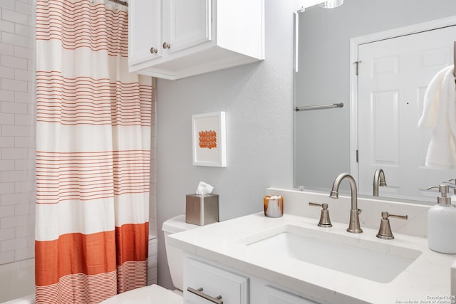 full bath featuring shower / tub combo, toilet, and vanity